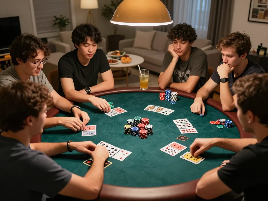 Players engage in a thrilling poker game at a home setting, showcasing the camaraderie and excitement around b52 gaming.