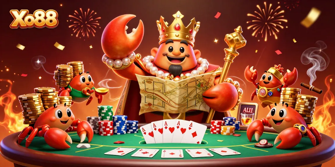Xo88 showcases a massive golden crab emperor in a vibrant casino scene, celebrating winning strategies.
