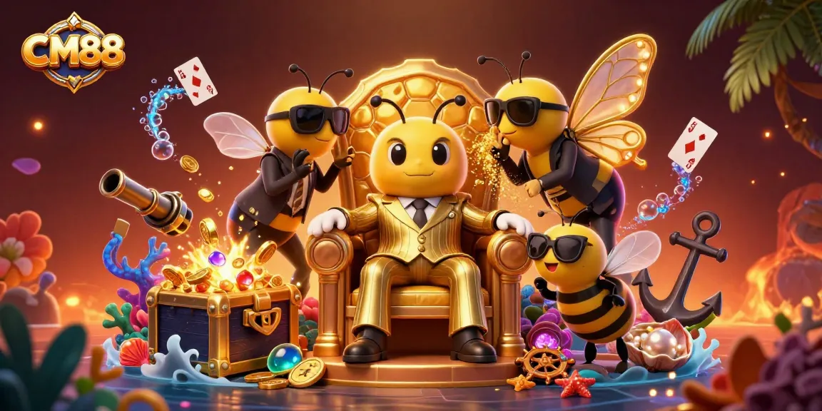 Engage with CM88's vibrant 3D gaming scene, showcasing an animated bumblebee mob boss in a casino setting.
