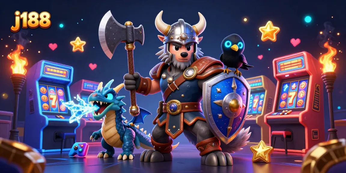 j188 engages players with a vibrant casino scene featuring a Viking wolf warrior and colorful slot elements.