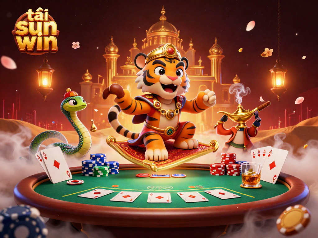Engage in thrilling casino action with the vibrant scene of tải sun win featuring a magical sultan and poker elements.