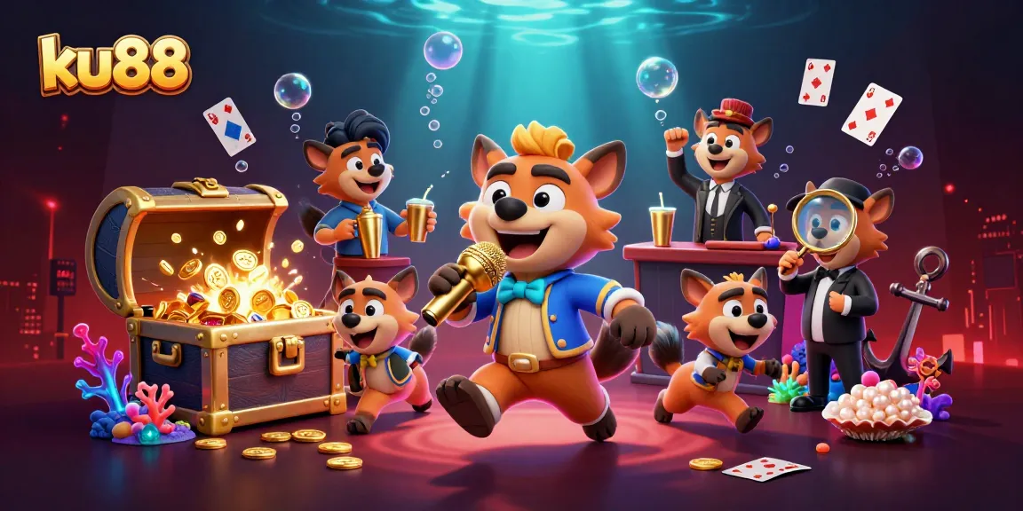 ku88 hyena comedy casino scene with bouncer, bartender, and stand-up comedian