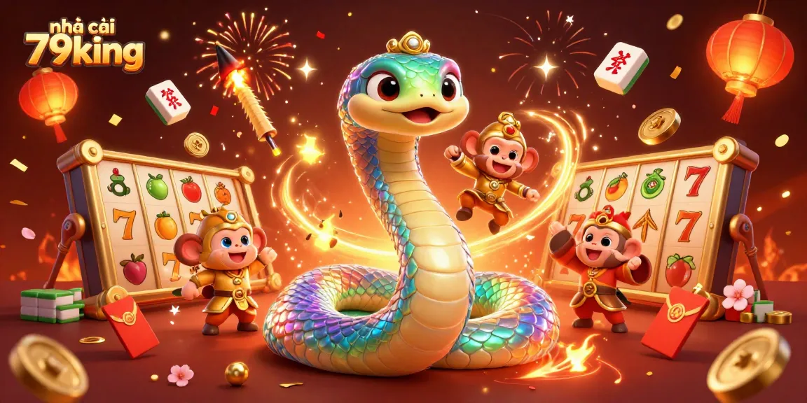 Engage with the vibrant nhà cái 79king scene featuring a rainbow serpent and playful monkey king amidst colorful casino elements.