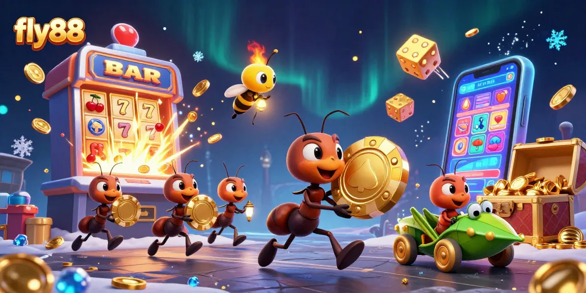 Experience the thrill of fly88 as ants carry a giant poker chip in a vibrant casino heist scene.