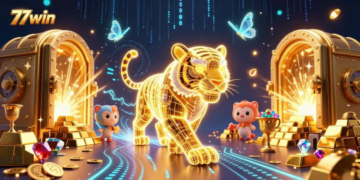 Engage with 77win’s vibrant digital landscape as a golden tiger prowls amidst explosive treasures.