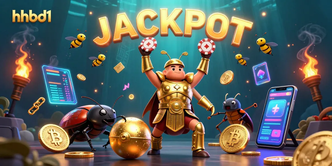 Experience the excitement of hhbd1 casino with a heroic beetle lifting a poker chip, surrounded by vibrant crypto elements.