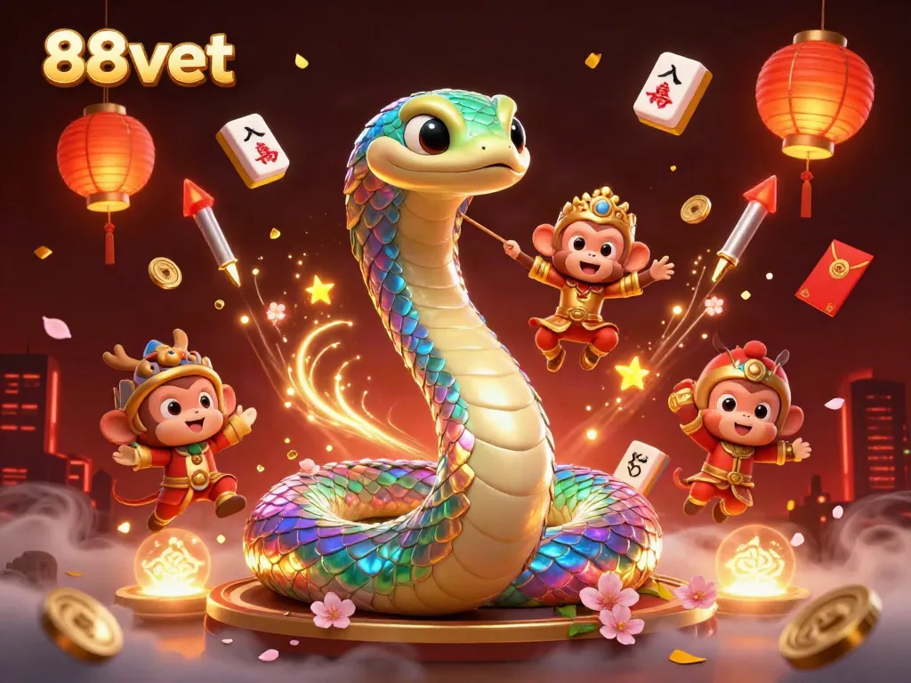 Experience the vibrant excitement of 88vbet with a playful scene of a rainbow serpent and monkey king amidst gaming symbols.