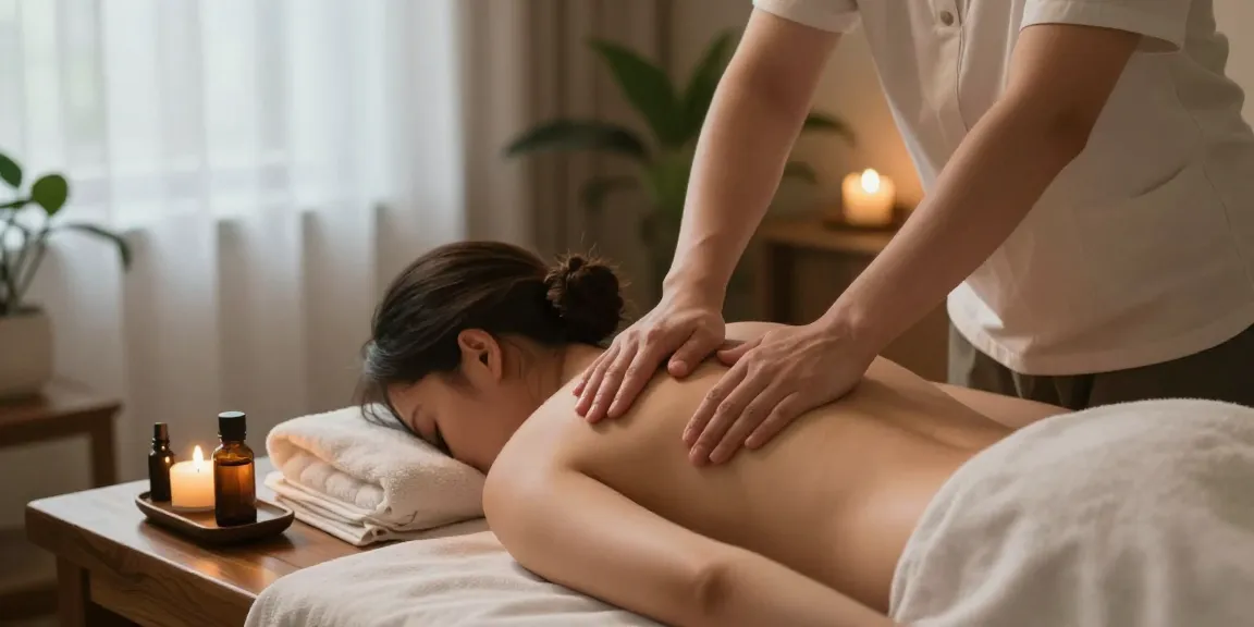 마사지로 피로를 푸는 스웨디시 마사지 장면, 아늑한 스파 환경에서 고객에게 편안함을 제공합니다.