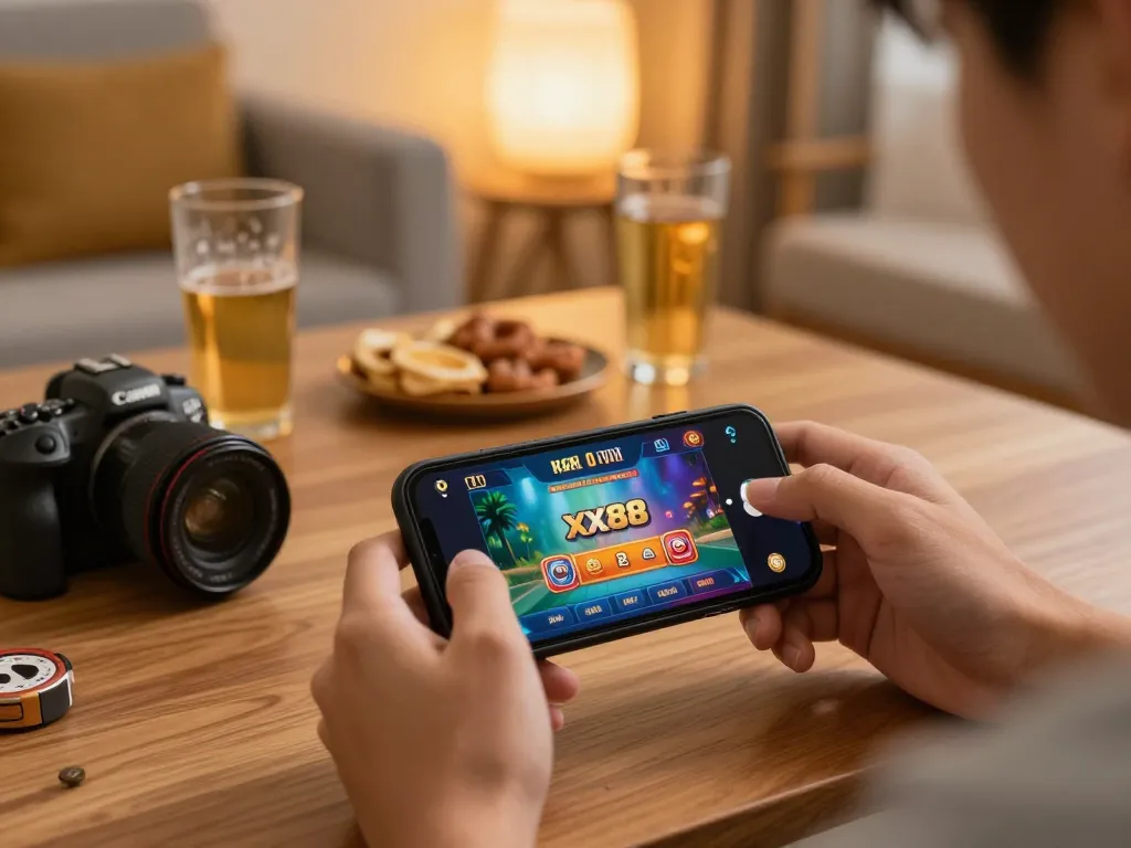 Player using a smartphone for xx88 online gaming, showcasing a mobile casino setup in a cozy home