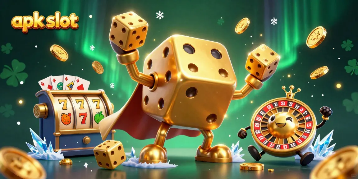 Mendapatkan kesenangan dalam apk slot dengan ilustrasi 3D penuh warna yang menunjukkan dadu emas, roda slot, dan elemen keberuntungan lainnya.