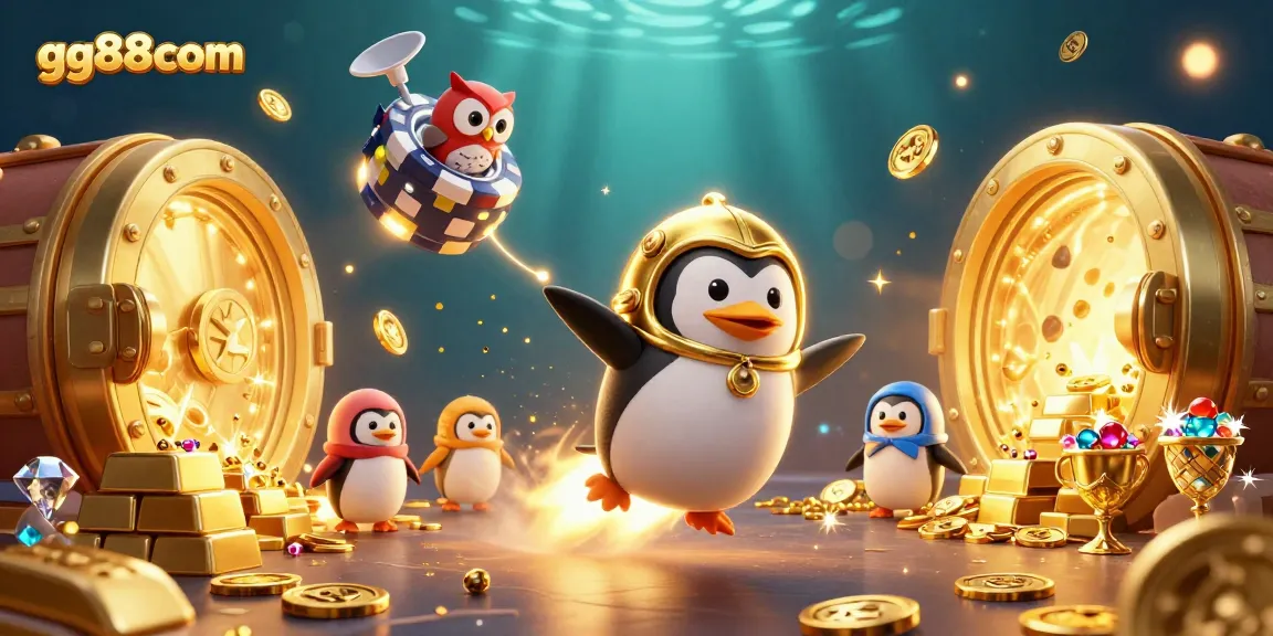 Experience the thrilling adventure of gg88com as a golden penguin navigates towards a lively casino in space.