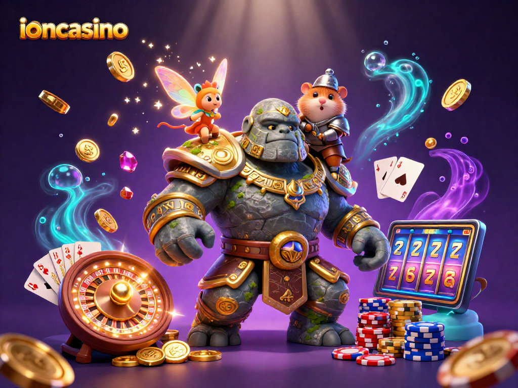 Experience the magic of ioncasino with a lively 3D scene of a golem, fairy, and hamster knight amidst dazzling casino elements.