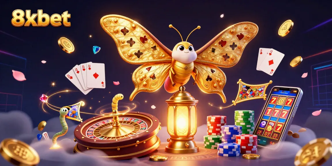 Experience the excitement of 8xbet with vibrant casino scenes featuring golden moths, coins, and games.