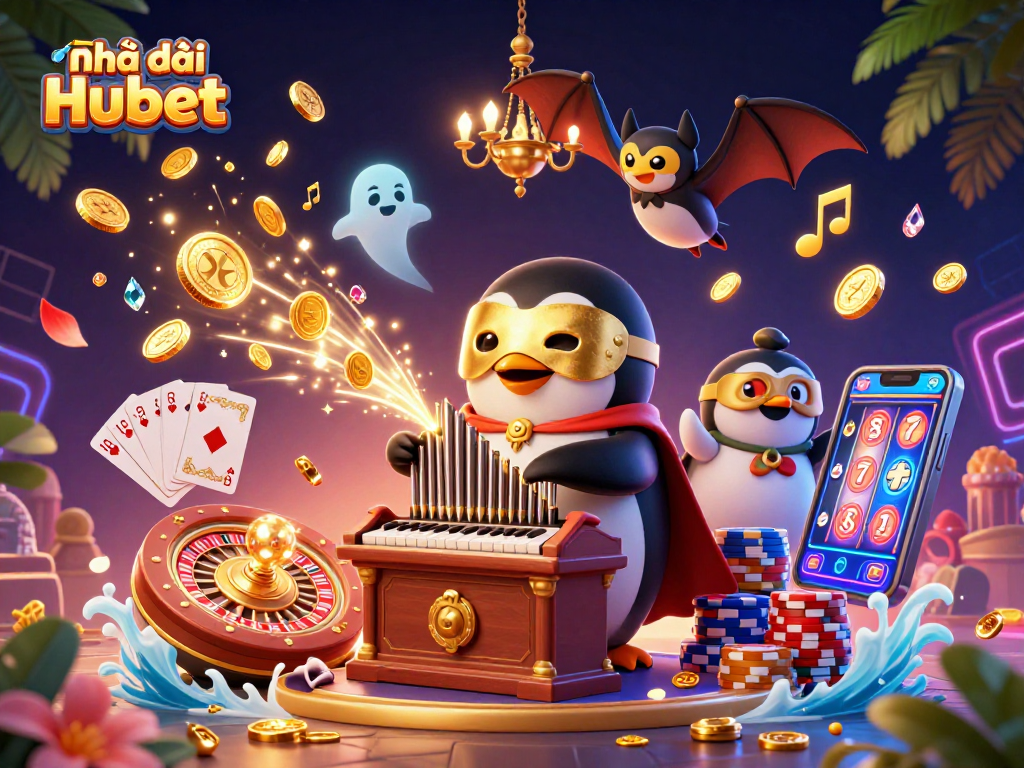 Nhà cái Hubet's 3D illustration with a penguin playing an organ, showcasing dynamic casino elements and vibrant imagery.