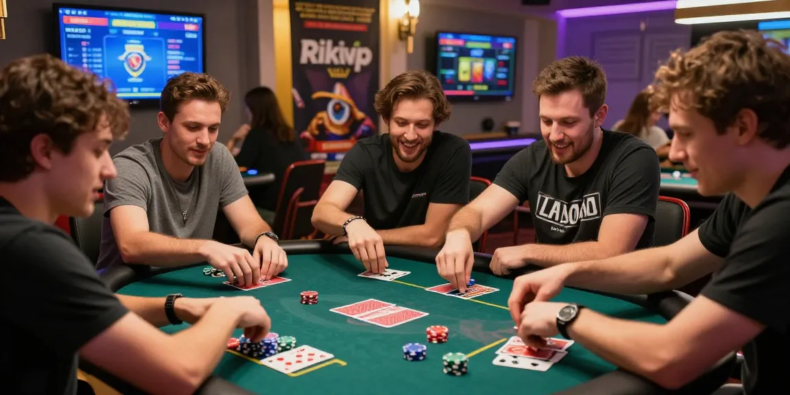Excited group playing card games in a vibrant gaming setting promoting Rikvip.