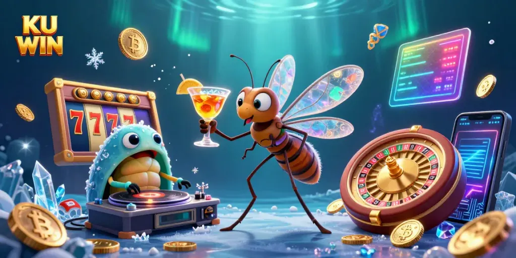 Engage in winning action with KU WIN's vibrant casino mascot, showcasing slot energy and crypto dynamics.