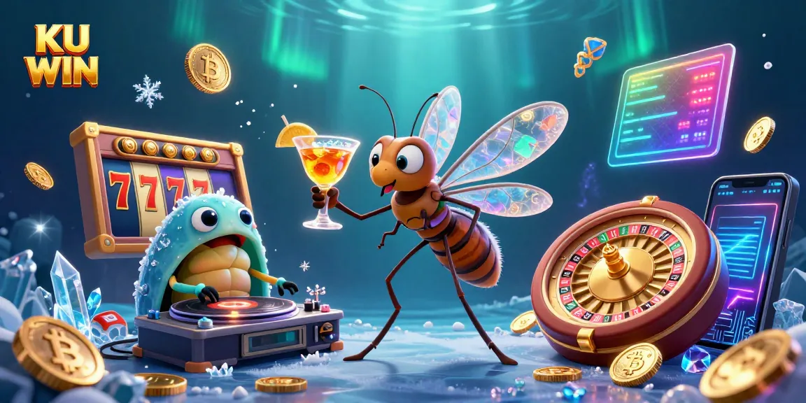 Engage in winning action with KU WIN's vibrant casino mascot, showcasing slot energy and crypto dynamics.