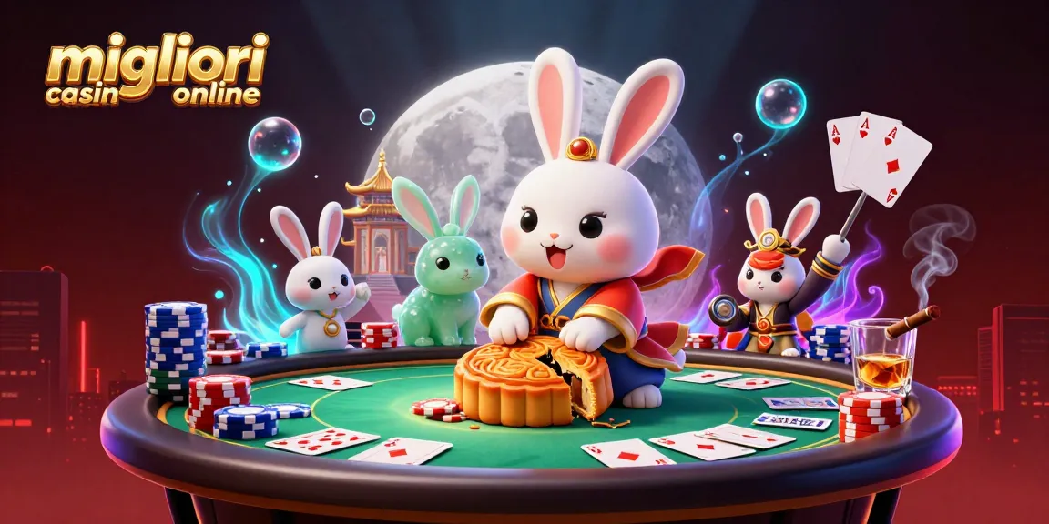 Immagine dei migliori casino online con un coniglio lunare che gioca a poker in un ambiente 3D elaborato