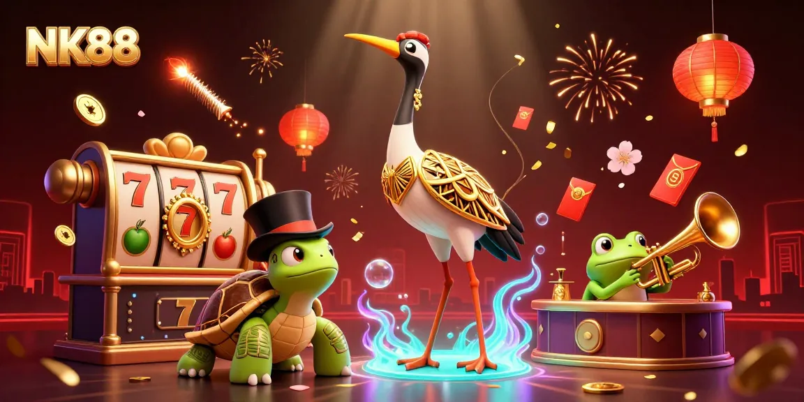 Experience the thrill of NK88 with dynamic casino elements featuring slot reels and vibrant 3D characters.