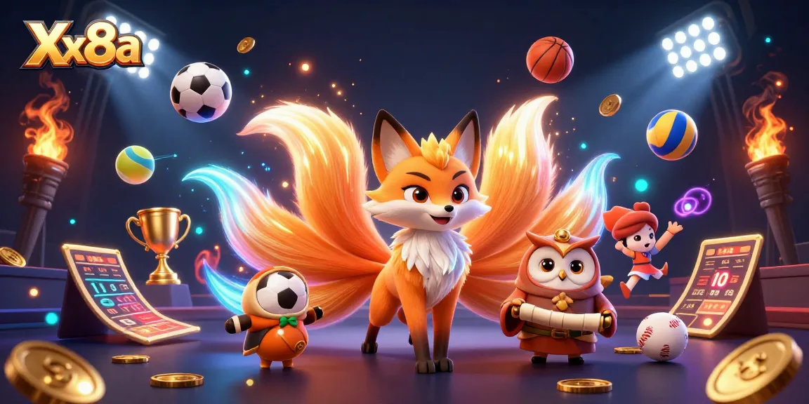 Spin and win at Xx8a with vibrant characters and dynamic sports elements in a lively casino scene.