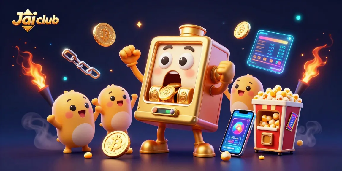 Jai club slot machine hits jackpot as coins pour out, featuring vibrant casino elements.