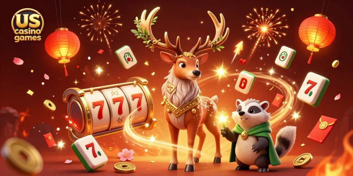 Experience thrilling us casino games with a vibrant scene featuring a Celtic druid stag, a wise badger, and spinning slot reels.