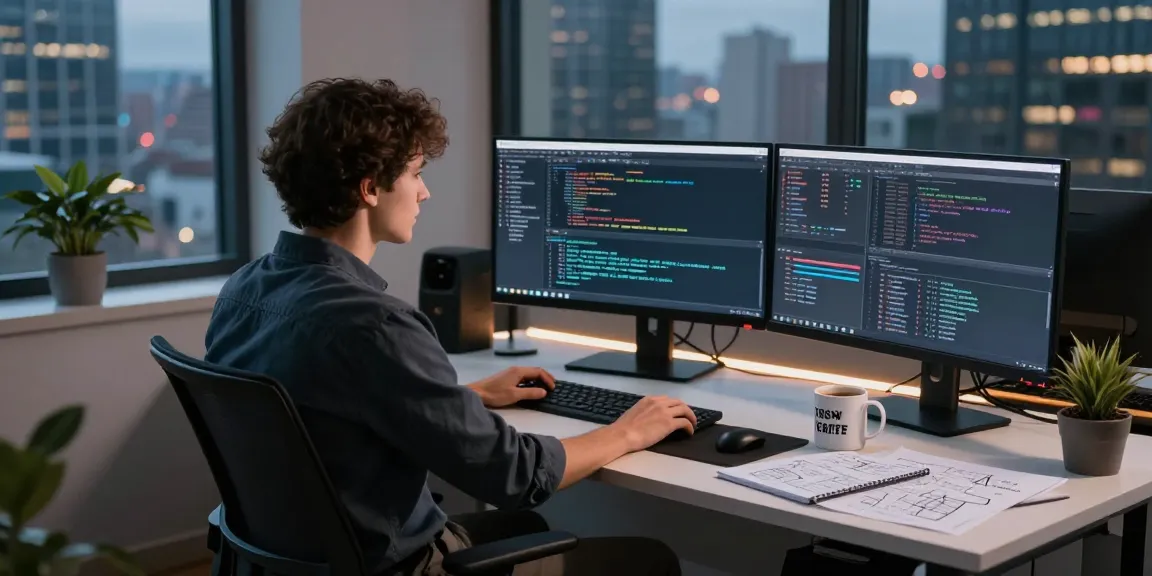 Developer coding at a tech workspace with monitors showcasing code for teiegramin.com.