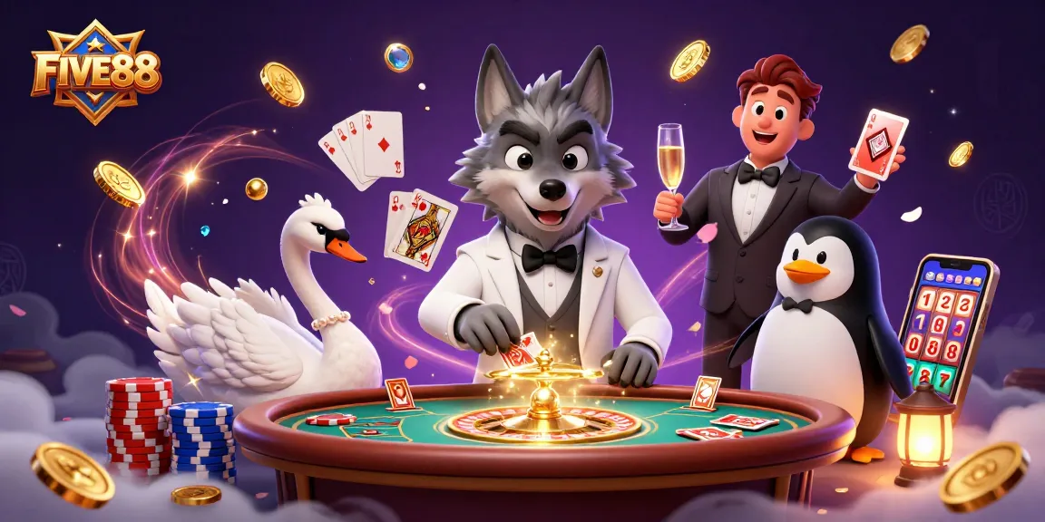 Experience FIVE88's vibrant casino atmosphere with lively characters and dynamic gaming elements.