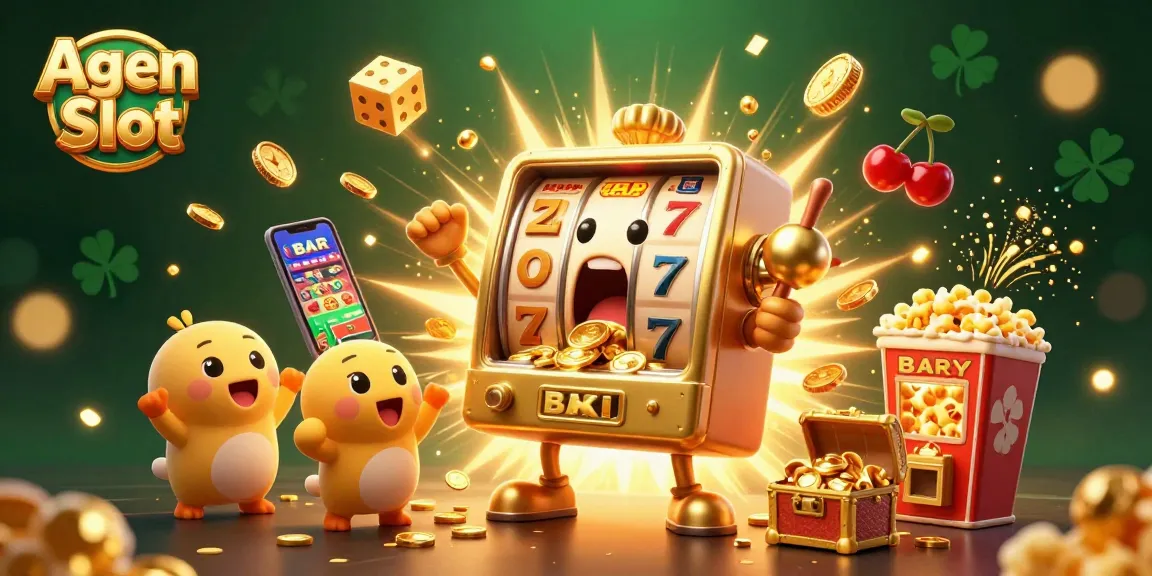 Agen Slot illustration featuring a golden slot machine winning a jackpot, surrounded by cheering characters and casino-themed elements.