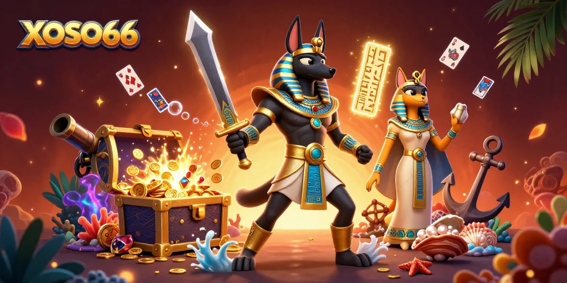 XOSO66 showcases an Anubis warrior and Bastet in an exciting casino scene filled with treasures and playing cards.