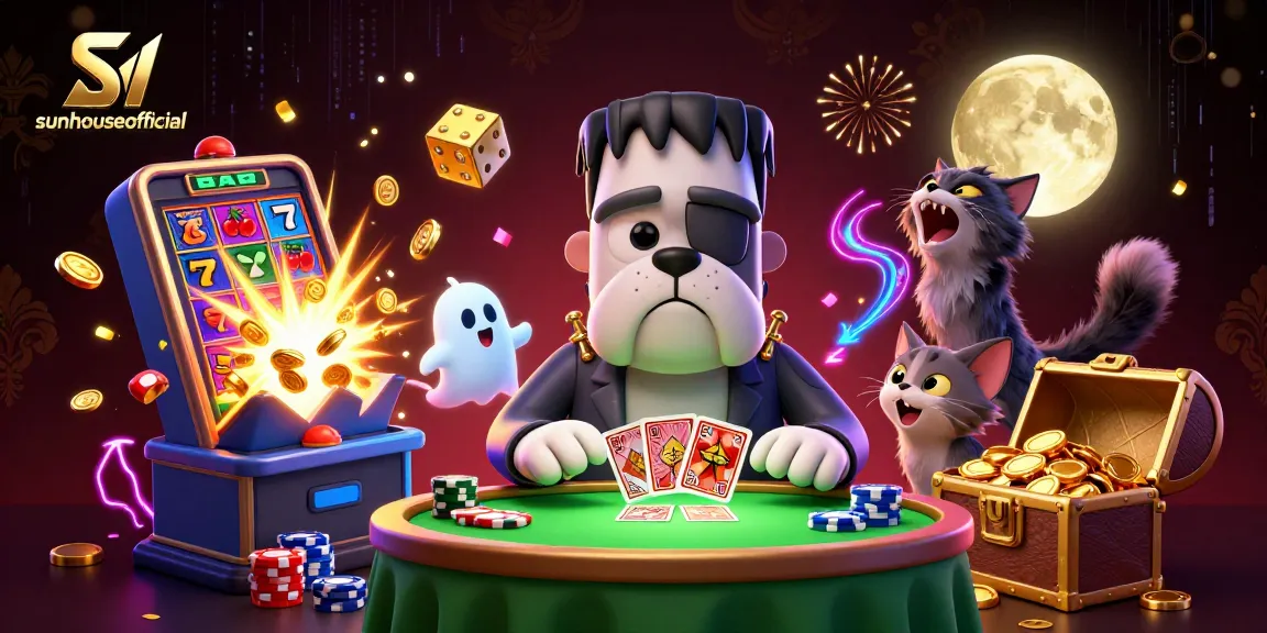 Experience thrilling gameplay with sunhouseofficial, featuring a 3D bulldog dealer and dynamic casino elements.
