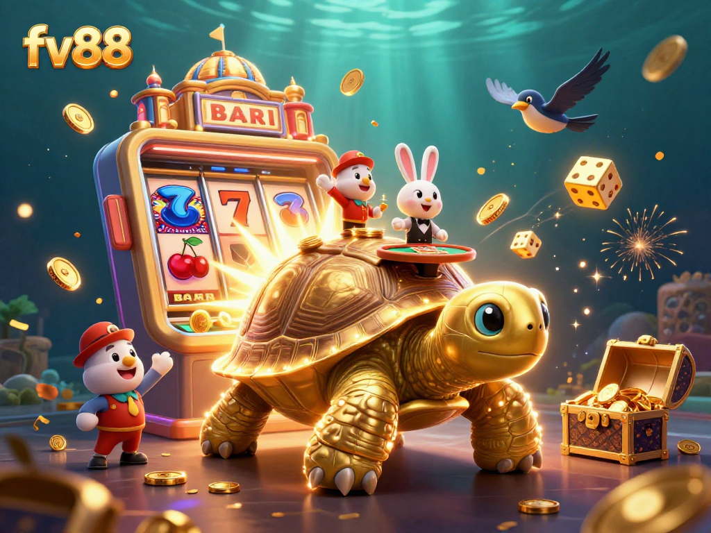 Experience thrilling gameplay at fv88 with an enchanting casino scene featuring a golden tortoise and dynamic elements.