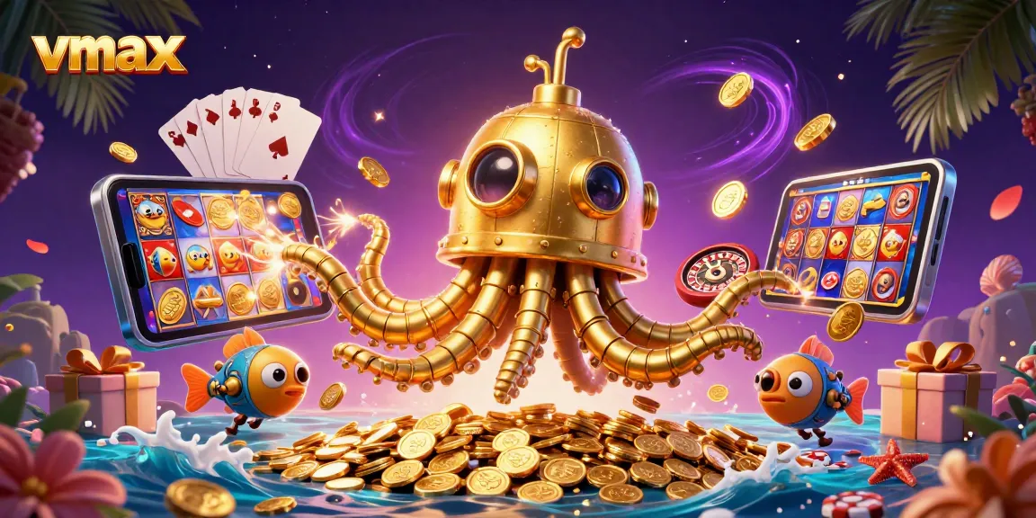 Experience the excitement of vmax with a golden kraken submarine in a vibrant casino scene.