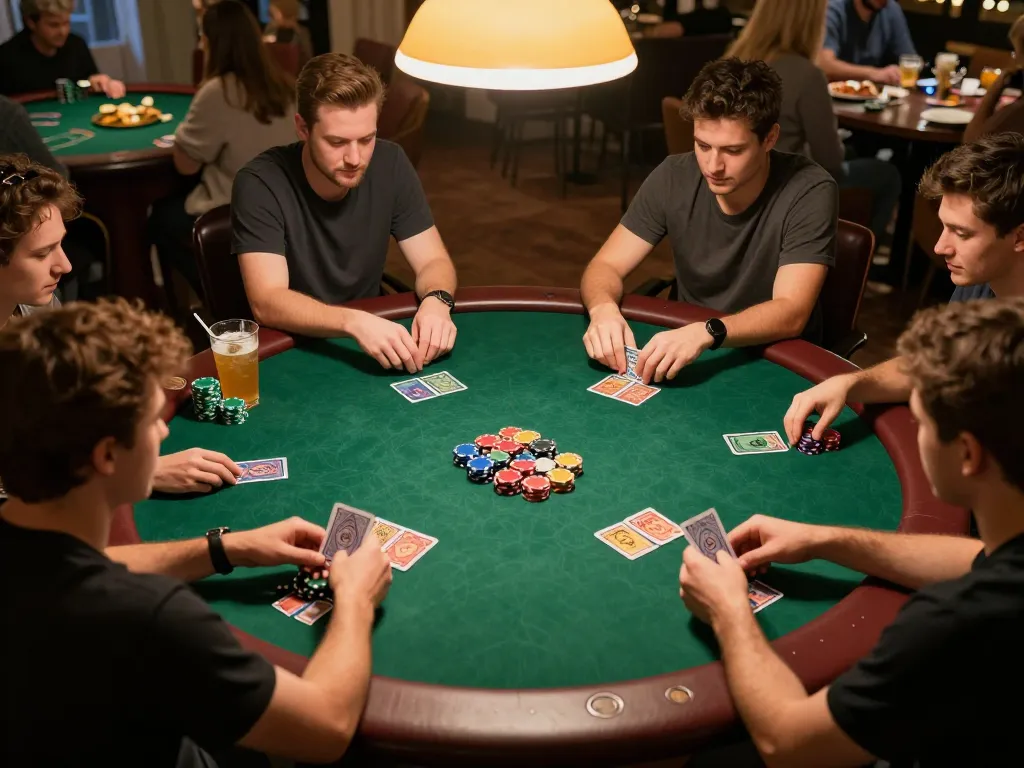 MM88 players enjoying an engaging poker night, showcasing strategy in a vibrant home setting.