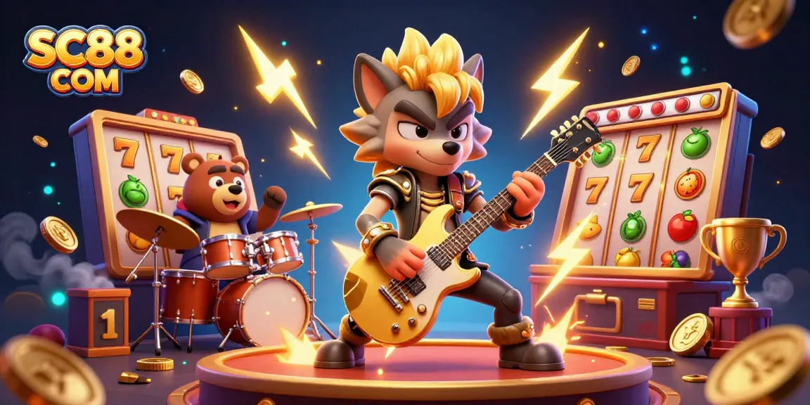Celebrate wins and gameplay at SC88 COM with an electrifying casino scene featuring a rock star wolf and playful elements.