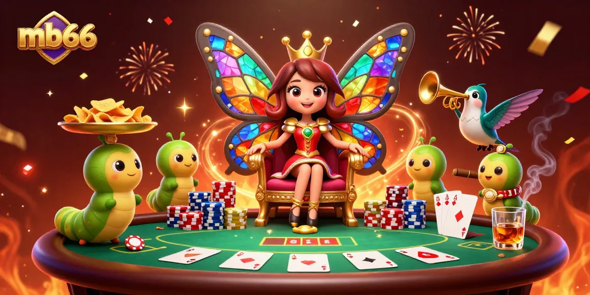 Engage in thrilling poker action with mb66's vibrant game scene featuring a butterfly queen.