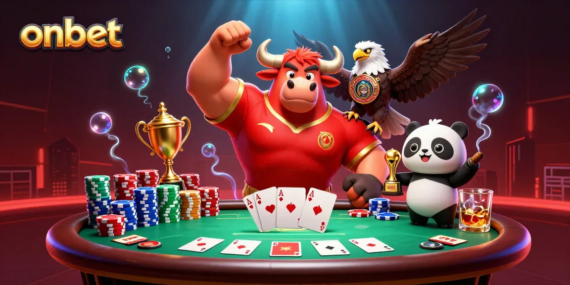 Join the excitement at onbet with energetic characters celebrating a poker victory amid casino elements.