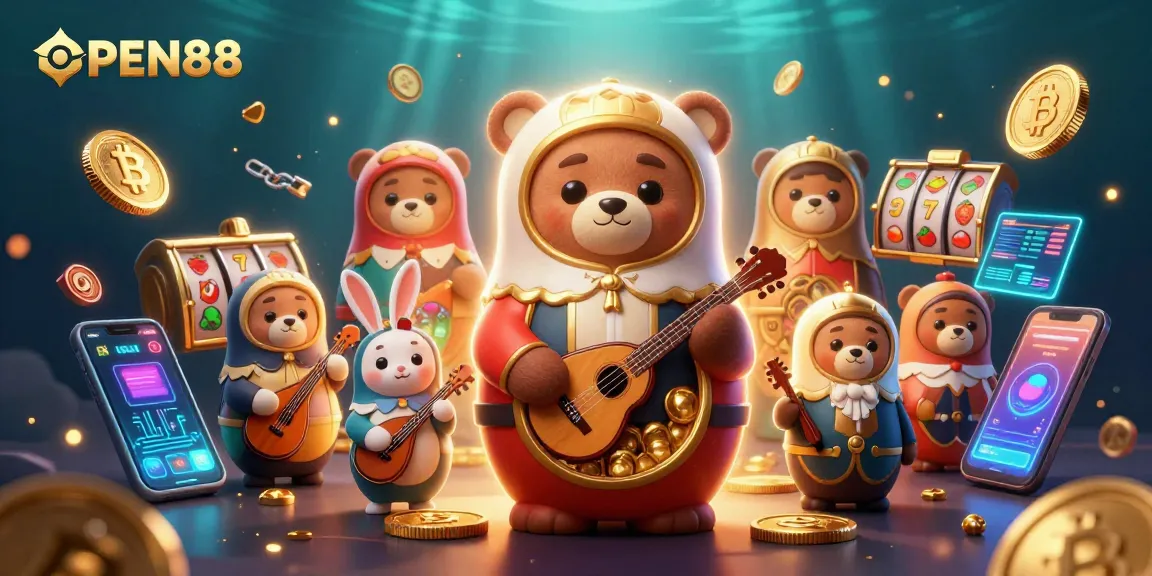 Spin jackpots at OPEN88 with colorful Matryoshka bears and cryptocurrency elements.