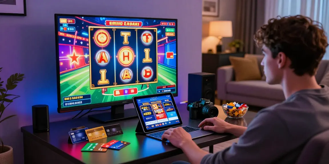 Engaging player experience at a credit card casino with colorful slot games, multiple cards, and a cozy gaming environment.