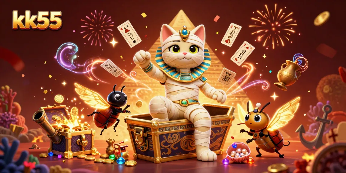 kk55 betting scene with Egyptian mummy cat and golden casino themed elements