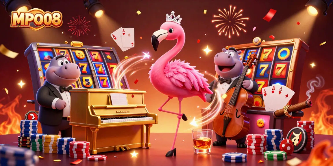 MPO08 engages players with a vibrant slot experience featuring flamingo lounge singers and hippo musicians.