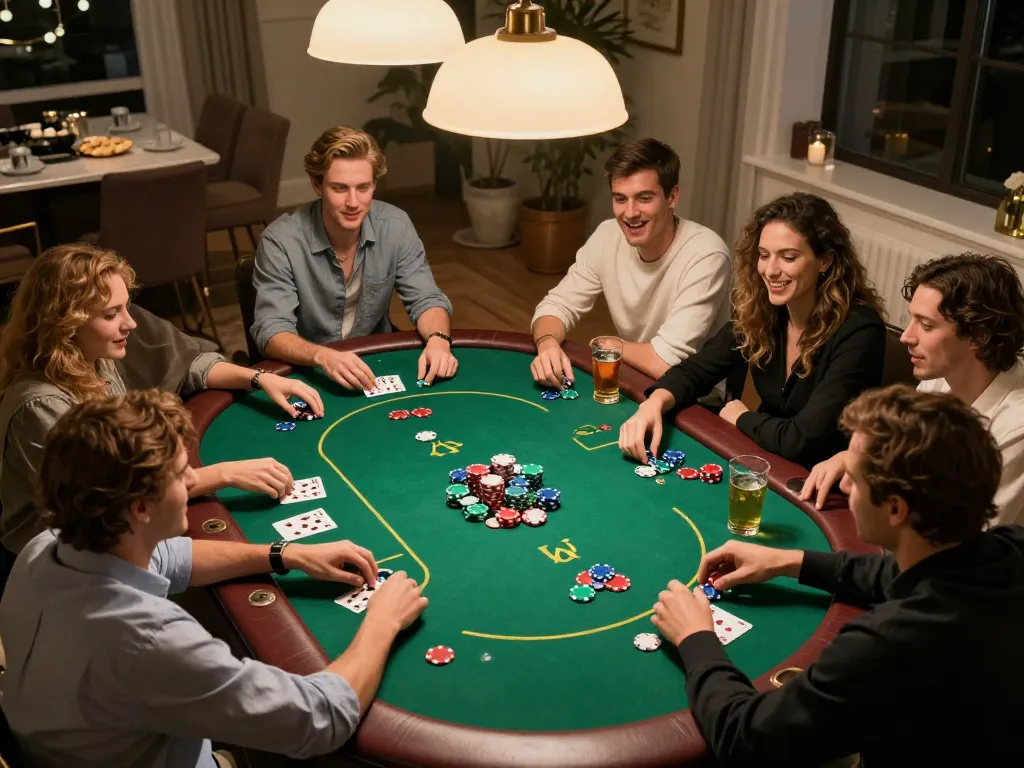 Friends enjoying a poker game at home with LOTO188 SO atmosphere, showcasing lively interaction and strategy.