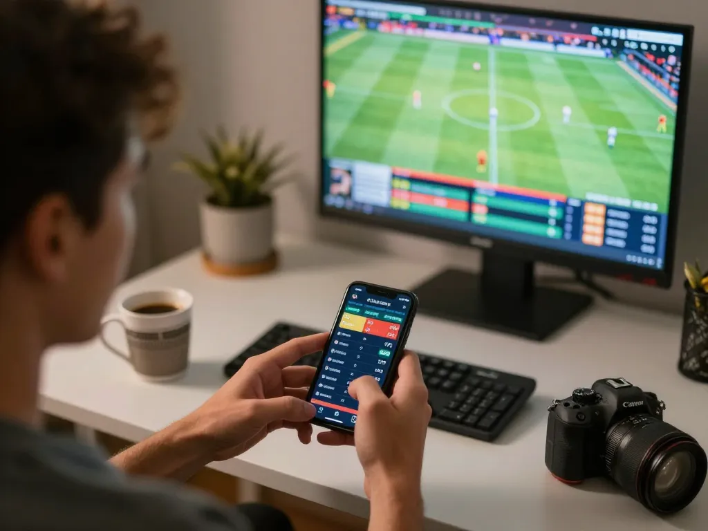 Engaged bettor analyzing kèo nhà cái on their smartphone in a cozy setting for sports wagering.