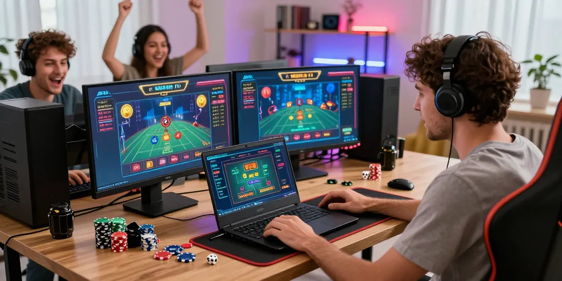Engaging player at https://79club.dev/ in a lively home gaming setup with vibrant graphics and friends cheering.
