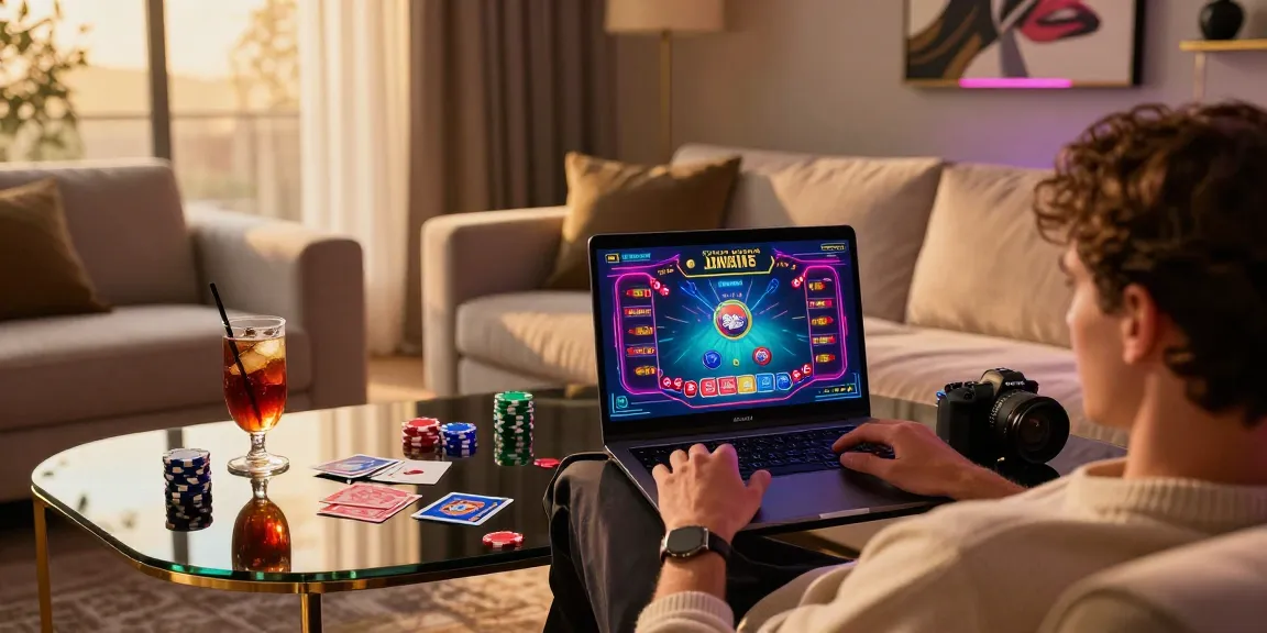 Person enjoying iwin casino games on a stylish sofa with colorful chips and vibrant interface.