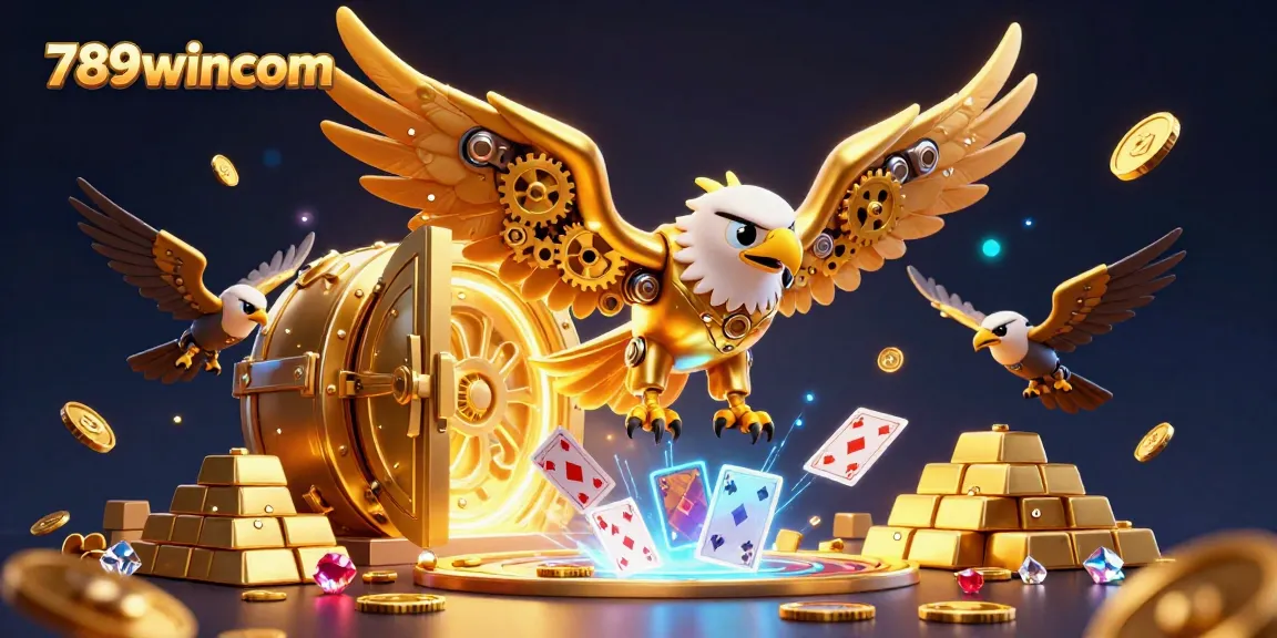 Experience the thrill of gambling with 789wincom, featuring a golden eagle and holographic cards.