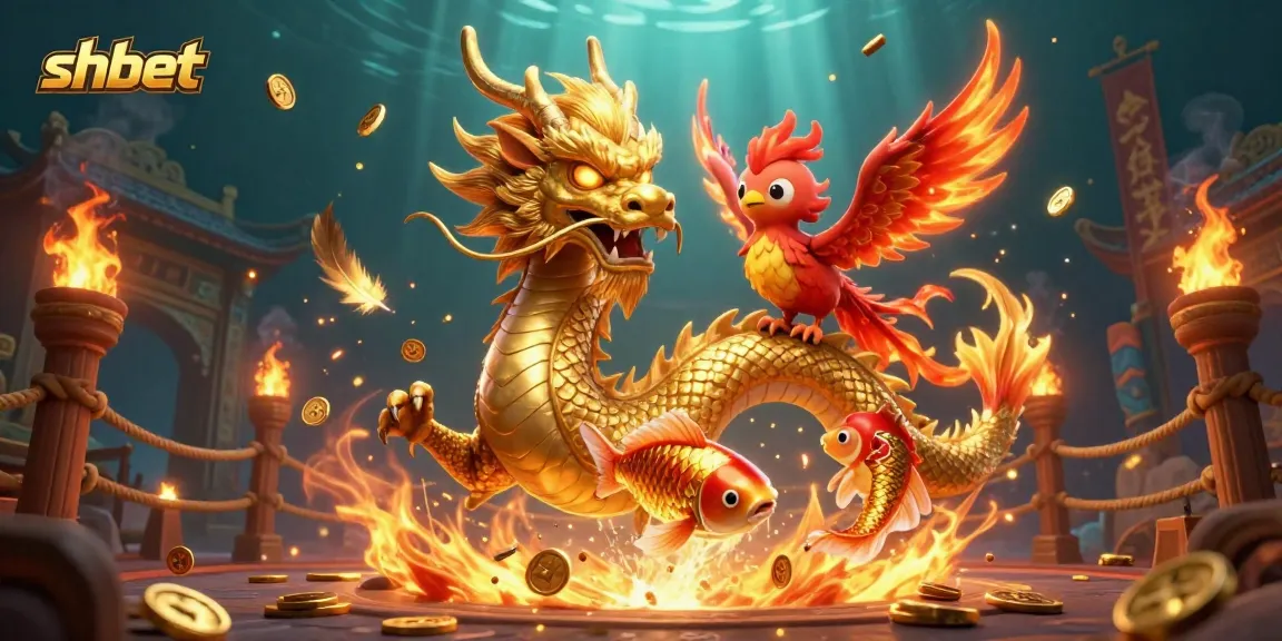 Immerse yourself in the vibrant World of SHBET, featuring a fierce dragon, phoenix, and koi fish among rich casino elements.