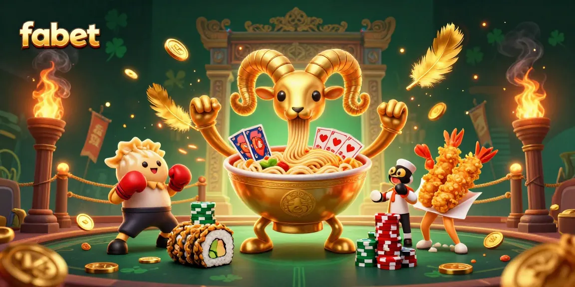Engage in thrilling casino action with fabet as a giant ramen bowl deals cards in a vibrant 3D setting.