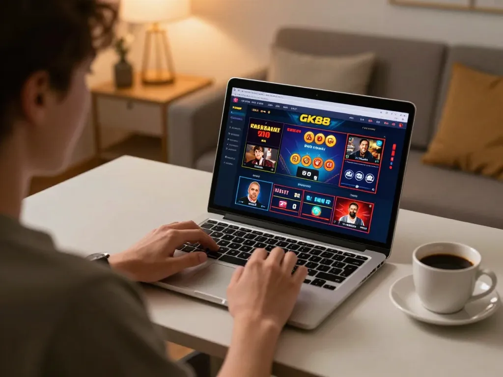 Engaged player exploring GK88 online casino with laptop, showcasing gaming strategies.