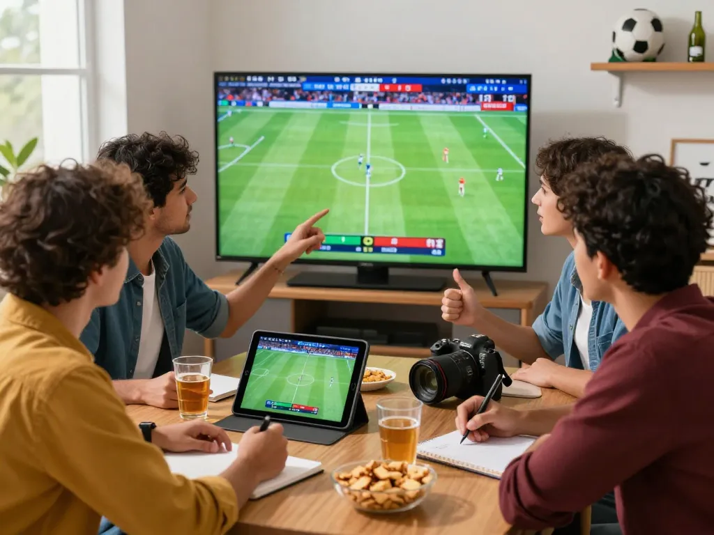 Friends excitedly analyzing Kèo nhà cái 88 odds together while watching live football, creating a vibrant sports betting atmosphere.